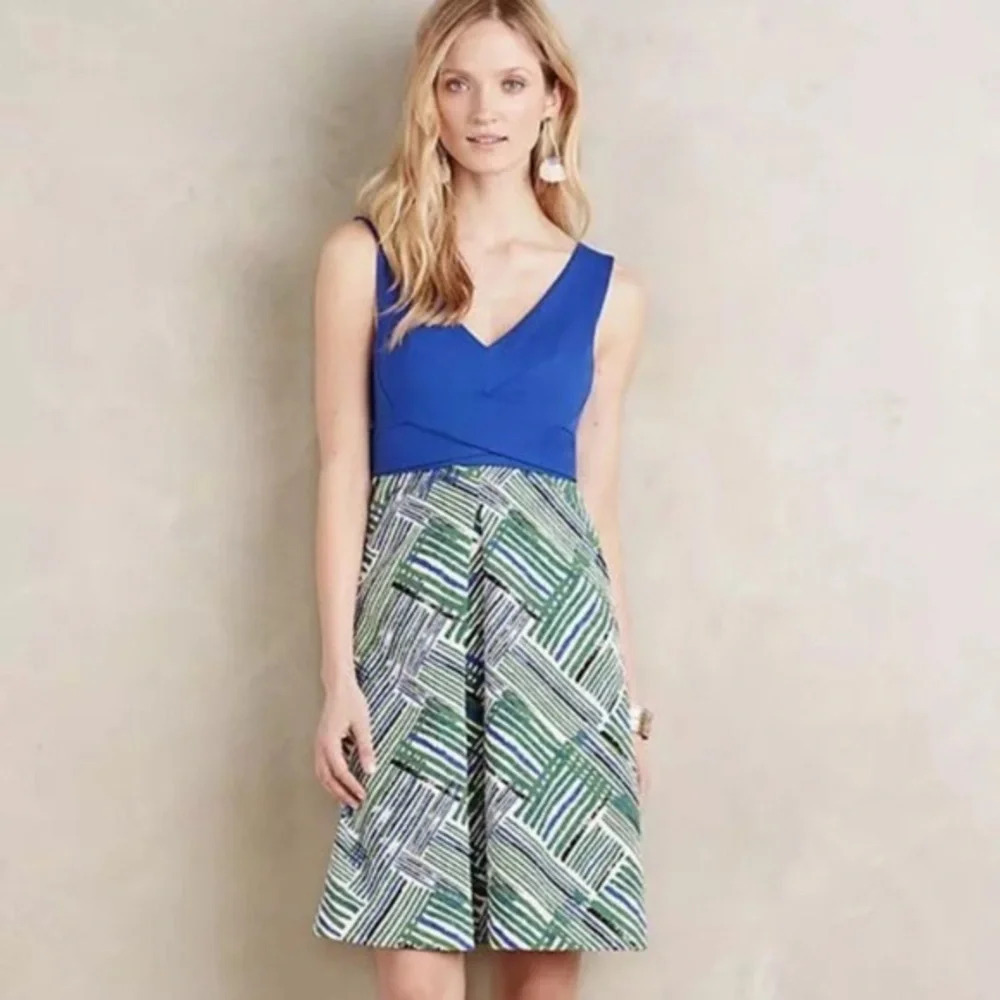 Anthropologie HD in Paris Ardmore Dress Sleeveless Surplice Blue Green Size US 8